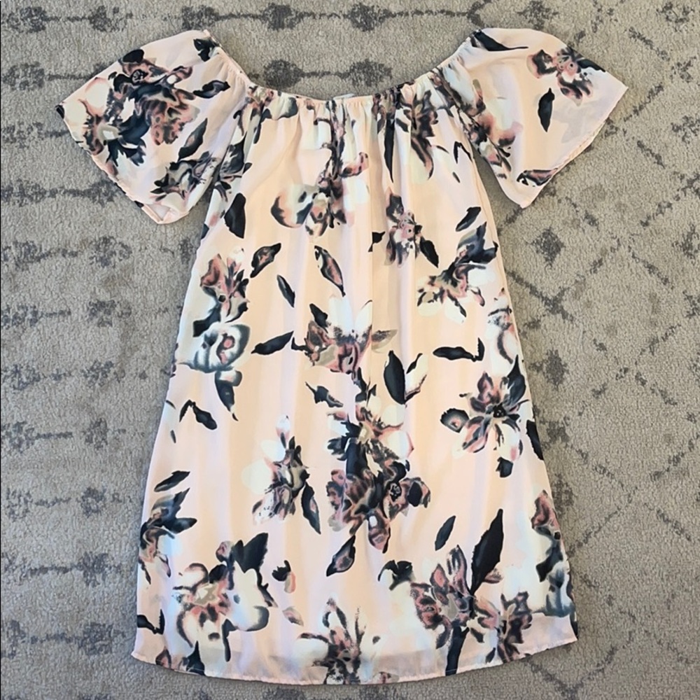 Pink and navy floral off the shoulder dress